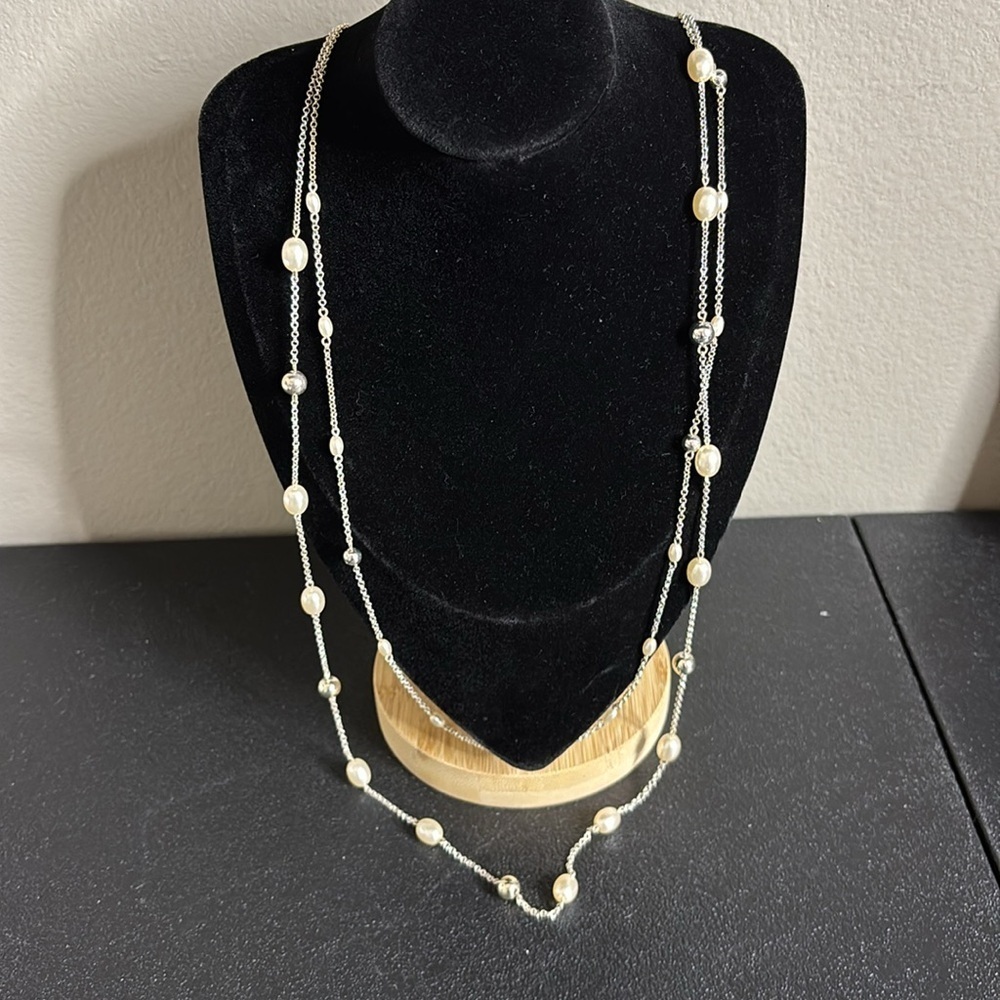 Silver Tone Layered Dainty Pearl Beaded Necklace Classy Classic